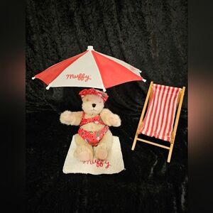 Vintage Muffy Vanderbear At the Beach with Towel, Folding Chair & Umbrella
